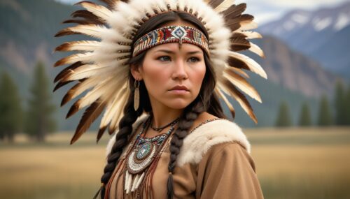 Marisa Quintanilla as Sacagawea, young beautiful native american woman, perfect symmetrical face, feather beaded jewelry, traditional handmade dress, handmade moccosains, armed female hunter warrior, wild west environment, Montana landscape, photorealistic, ultra realistic, elegant, intricate, highly detailed, depth of field, front view, 8k, shot on 65mm, 22 megapixels --q 4 --ar 9:16 --v 4