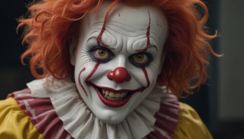 ronald mcdonald as a horror film, highly detailed face by greg rutkowski and magali villanueve, cinematic lighting, Hyperrealism,