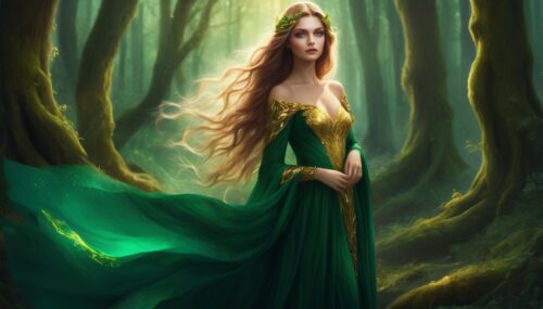 In the heart of a vast, enchanted forest, there lived a woman of unparalleled beauty named Alina. Her hair flowed like a river of gold, and her eyes sparkled like emeralds. She was more than just a vision of loveliness; she was the guardian of the forest, a role passed down through generations.