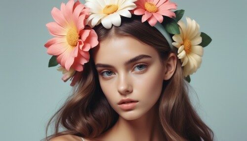 disposable photography of beautiful fashion model, wearing huge flower hairband, 8k, photo realism, --ar 3:4
