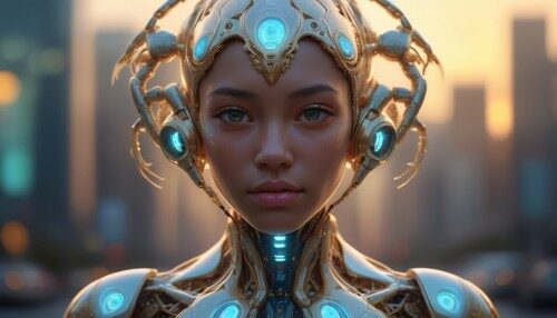 Hyper-realistic medium shot portrait with hyperdimensional artificial humanoid being. beautiful intricately detailed, with regularly textured bioluminescent skin, ornate, hyper futuristic. Character created by artstation, Golden hour, bokeh, creature, digital art by tooth wu and wlop and android jones and beetle and greg rutkowski --s 1000 --c 100 --q 2 --ar 2:3 --v 4