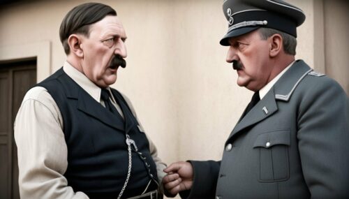 a oldman with big stomach and facial hair like hitler selling a young boy to another oldman with big stomach