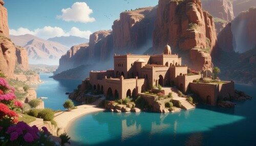 Moroccan Villa surrounded by water and nature, village, volumetric lighting, photorealistic, insanely detailed and intricate, Fantasy, epic cinematic shot, trending on ArtStation, mountains, 8k ultra hd, magical, mystical, matte painting, bright sunny day, flowers, massive cliffs, Sweeper3D