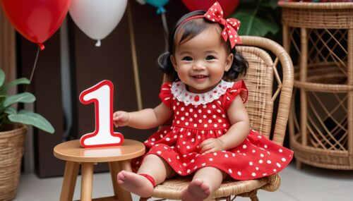 realistic photo  image of a cute 1 year old filipina toddler smiling wearing polka dot red dress, doll shoes,ribbon on her hair sitting on a rattan chair beside her a table with a stand name written 