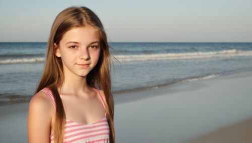 Beautiful teenage girl standing on the beach.