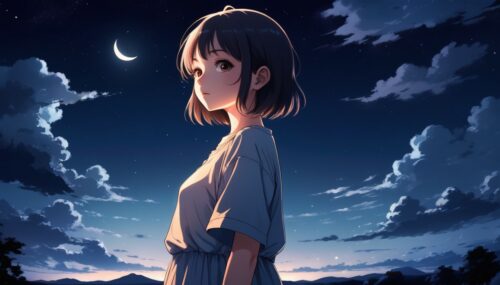 girl in light clothing, style artist oyari ashito, against the night sky, summer night, portrait, serenity, innocence, dreaminess, manga graphics, anime, drawing, dark exposure, bright colors, the highest quality, the highest detail, first-person view, dark tones, Clouds --q 2 --ar 9:16