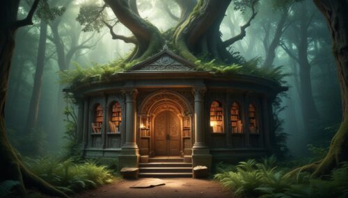 hidden, mystical library tucked away in a secluded forest. This library is not ordinary—it houses ancient books that contain secrets of the universe, guarded by magical creatures and illuminated by ethereal light.