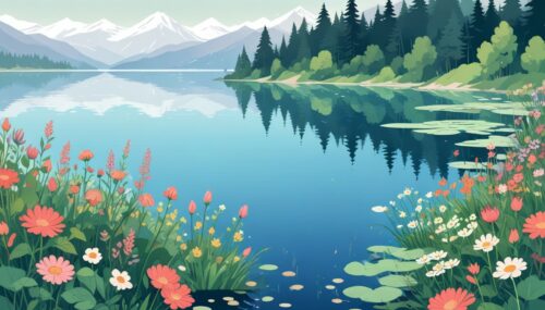 lake, flowers,  illustration