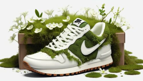 nike sneakers made from green leaves and moss, small white flowers growing from moss, white background, box, photo realistic, detailed --s 750 --q 2