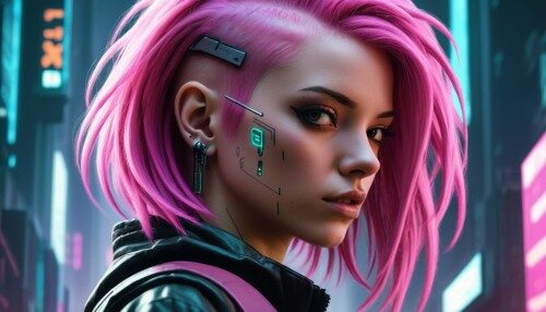 A close-up of a woman with pink hair in cyberpunk art, on the cyber city