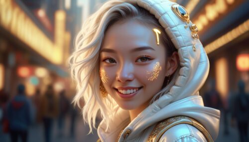 Hyper-realistic medium shot portrait with beautiful cheerful girl of white Chinese mix parentage, hip hop selfie style intricately detailed, with regularly textured bioluminescent skin, ornate, hyper futuristic. Hyper realistic Character created by artstation, Golden hour, bokeh, creature, digital art by tooth wu and wlop and android jones and beetle and greg rutkowski --s 1000 --c 100 --q 2 --ar 2:3 --v 4