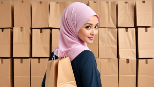 1080 x 1080 artboard have a picture of a woman wearing tudung on her headpicture from their back who is holding many shopping paper bags