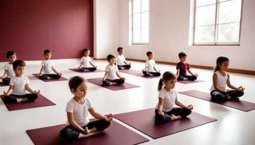 Maroon and white shade where small kids are doing yoga