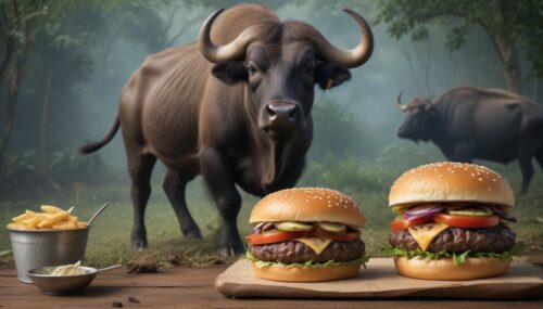a big picture of a meat burger in the front, a big domestic water buffalo in the side
