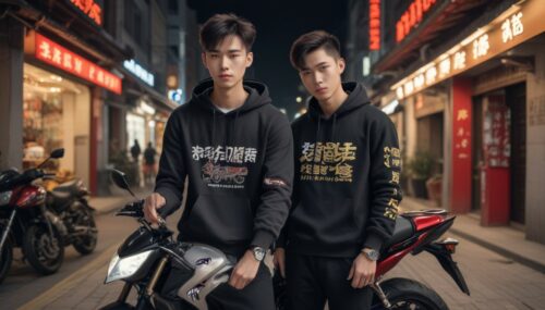 A handsome young man from China wearing a hoodie that says INS is driving a luxury motorbike and a lot of money