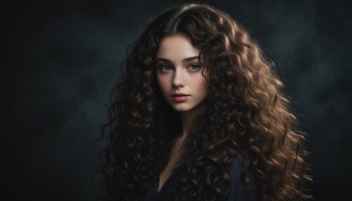 Me with long curly hair , dark mysterious background --v 4 --q 2