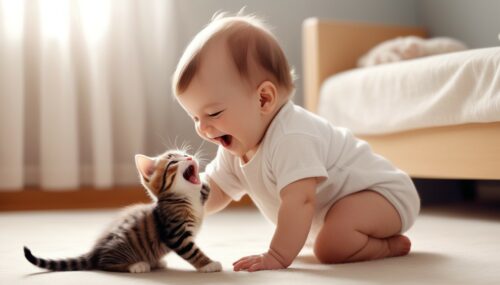 Create an adorable image of a cute baby playing with a kitten. The baby is laughing and having fun, while the kitten is playful and curious. The scene is heartwarming and full of joy