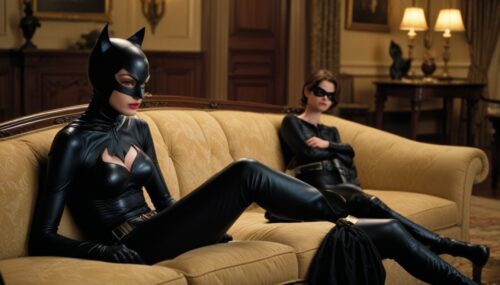 A young Catwoman, played by Anne Hathaway, sits on a couch in a mansion with Batman, played by Ben Harfleet