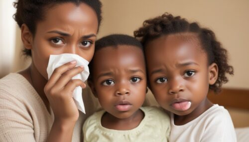 african woman with a child both holding a tissue to their nose in fear of the flu
