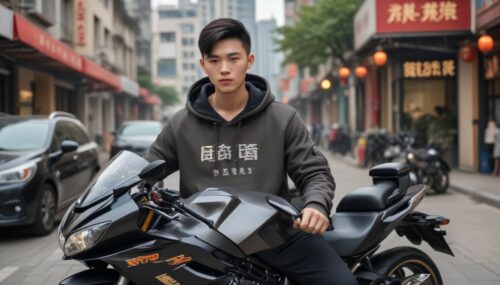 A handsome young man from China wearing a hoodie that says INS is driving a luxury motorbike and a lot of money