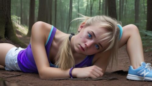Best quality, 4k, Teenage girl, blonde hair, blue eyes, wearing a purple tank top, light blue bra, white shorts, white tennis shoes, black bracelet, blue watch, lying on the ground face down, in a forest, crying expression, big man, hairy, dark and dirty clothes is behind the girl, perfect anatomy