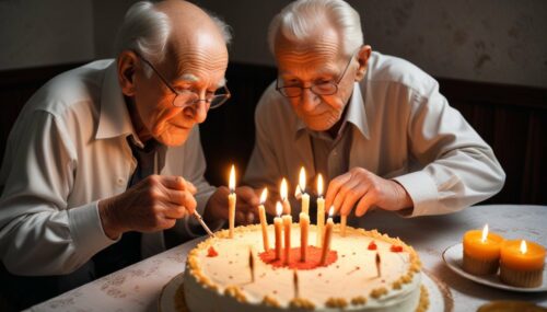 MAKE A PICTURE OF AN OLD MAN LIGHTING THE CANDLES ON THE CAKE WITH A CIGARETTE. HE IS 99 YEARS OLD
