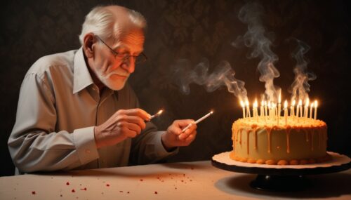 MAKE A PICTURE OF AN OLD MAN LIGHTING THE CANDLES ON THE CAKE WITH A CIGARETTE. 