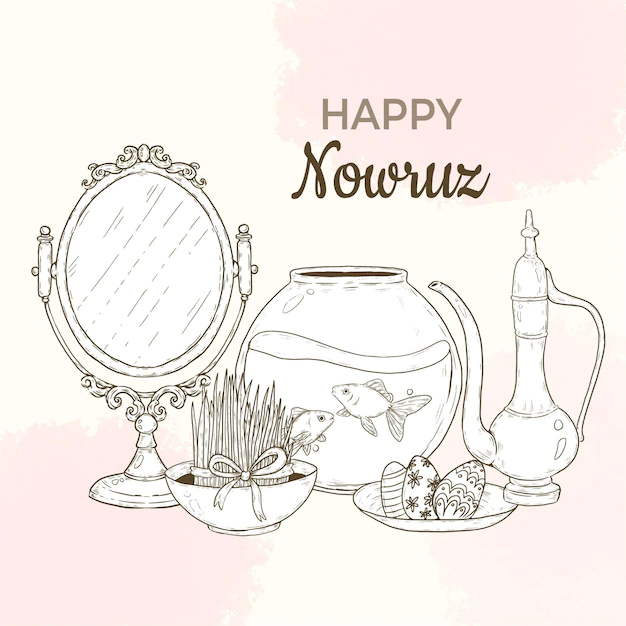 Free Vector | Hand-drawn happy nowruz illustration with mirror and fishbowl