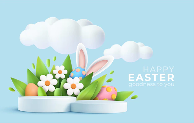Free Vector | 3d trendy easter greeting with 3d product podium, spring flower, cloud, easter egg and bunny