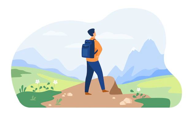 Free Vector | Active tourist hiking in mountain. man wearing backpack, enjoying trekking, looking at snowcapped peaks. vector illustration for nature, wilderness, adventure travel concept