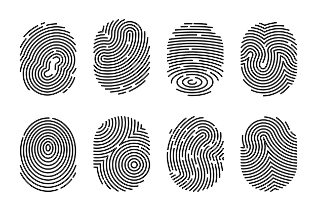 Free Vector | Black detailed fingerprints flat illustration set. police electronic scanner of thumb print for crime data isolated  vector collection. finger identity and technology concept
