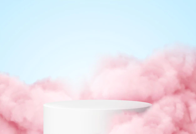 Free Vector | Blue background with a product podium surrounded by pink clouds.