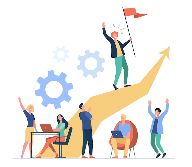Free Vector | Business leader standing on arrow and holding flag flat vector illustration. cartoon people training and doing business plan. leadership, victory and challenge concept