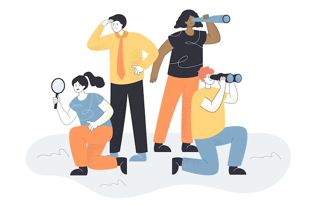 Free Vector | Business team looking for new people. allegory for searching ideas or staff, woman with magnifier, man with spyglass flat illustration