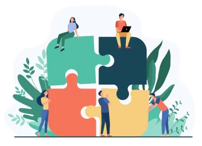 Free Vector | Business team putting together jigsaw puzzle isolated flat vector illustration. cartoon partners working in connection. teamwork, partnership and cooperation concept
