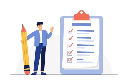 Free Vector | Businessman holding pencil at big complete checklist with tick marks