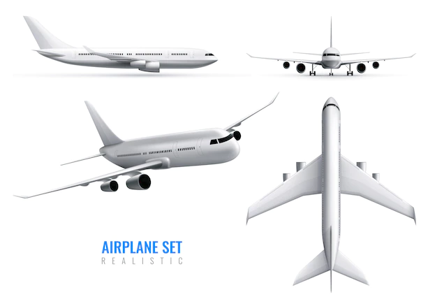 Free Vector | Civil aircraft realistic identity set of white airplane in top side and front views isolated