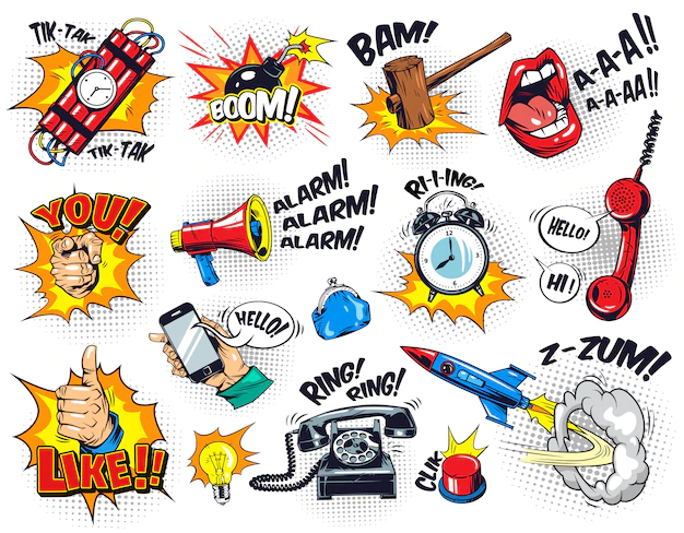 Free Vector | Comic bright elements composition with speech bubbles wordings