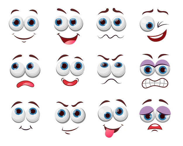 Free Vector | Comic face expressions illustrations set. eyes and mouth of cute, funny or angry cartoon character, emoticon with happy smile drawings isolated on white