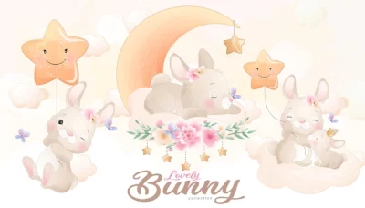 Free Vector | Cute little bunny with watercolor illustration set
