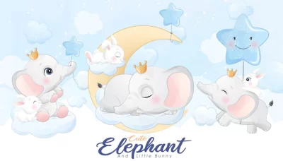 Free Vector | Cute little elephant and bunny with watercolor illustration set