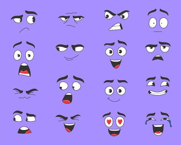 Free Vector | Different expressions of cartoon face vector illustrations set. cute, funny, angry, happy, smiling comic faces with eyes and mouth isolated on purple background. emotions concept for character design
