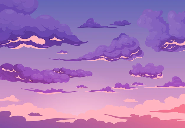 Free Vector | Evening cloudy sky purple background with group of cumulus and cirrus clouds flat cartoon illustration