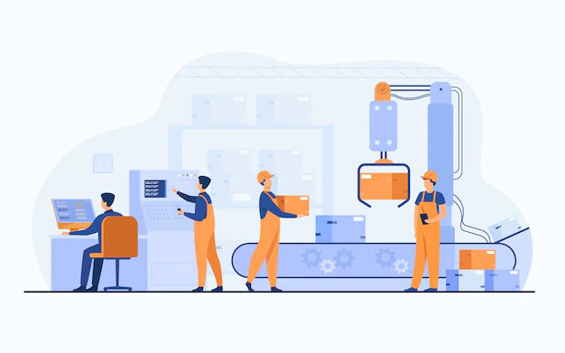 Free Vector | Factory workers and robotic arm removing packages from conveyor line. engineer using computer and operating process. vector illustration for business, production, machine technology concepts