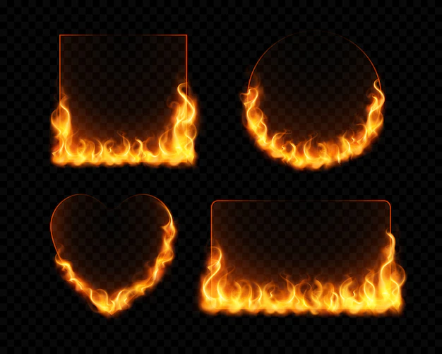 Free Vector | Fire flame frames realistic set of burning geometrical figures on dark transparent background isolated