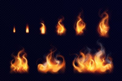 Free Vector | Fire flame realistic set of small and big bright elements on black background isolated