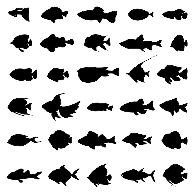 Free Vector | Fish silhouettes black on white. set of marine animals in monochrome style illustration