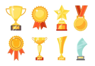 Free Vector | Gold cups and awards flat illustrations set. collection of golden trophies and medals for winners isolated on white