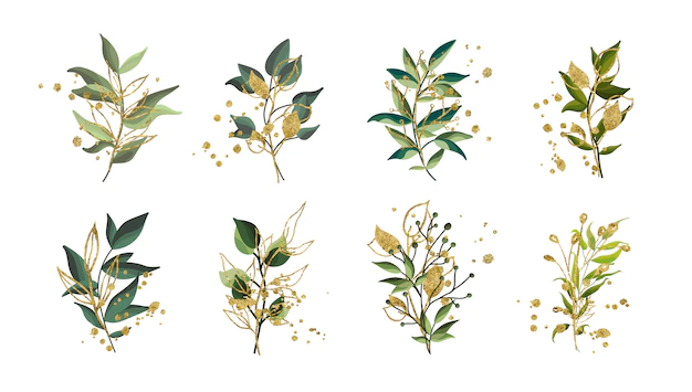 Free Vector | Gold green tropical leaves wedding bouquet with golden splatters isolated. floral vector illustration arrangement in watercolor style. botanical art design