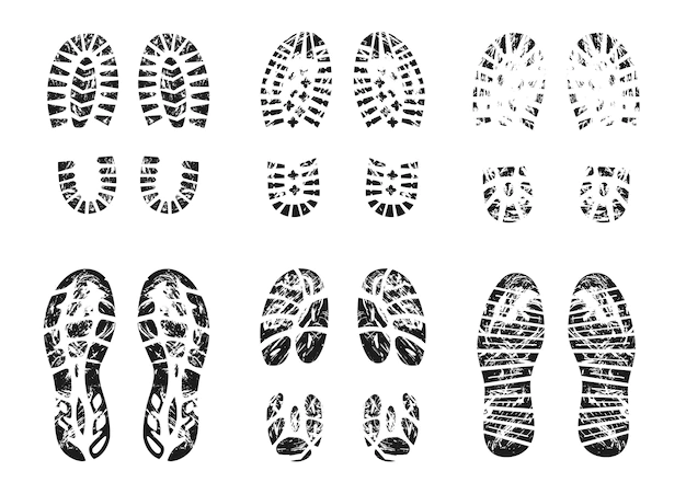 Free Vector | Grunge silhouette of footprint vector illustrations set. imprint of boots and sneakers, shoe stamps, human trace outline, tread of footsteps isolated on white background. footwear, texture concept